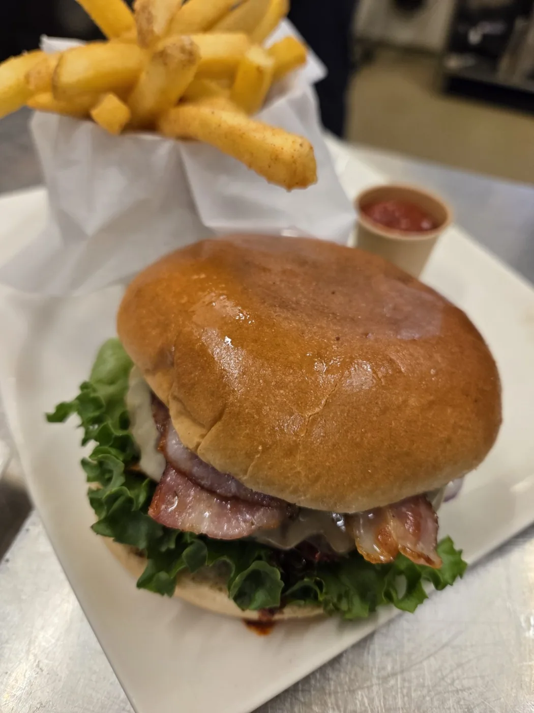 Black Beach Burger with fries